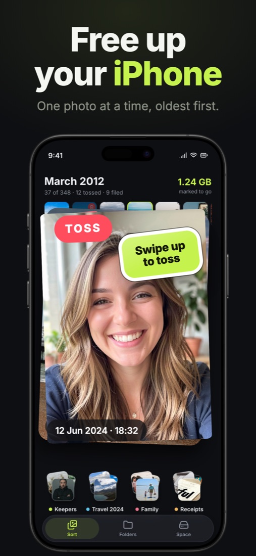 Free up your iPhone: a photo mid-swipe with the toss stamp