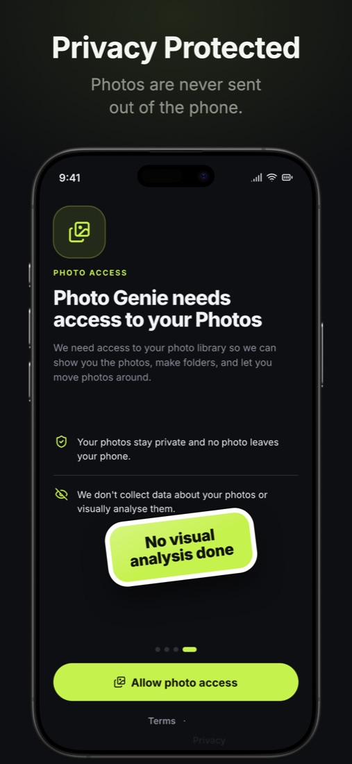Privacy protected: photos are never sent out of the phone